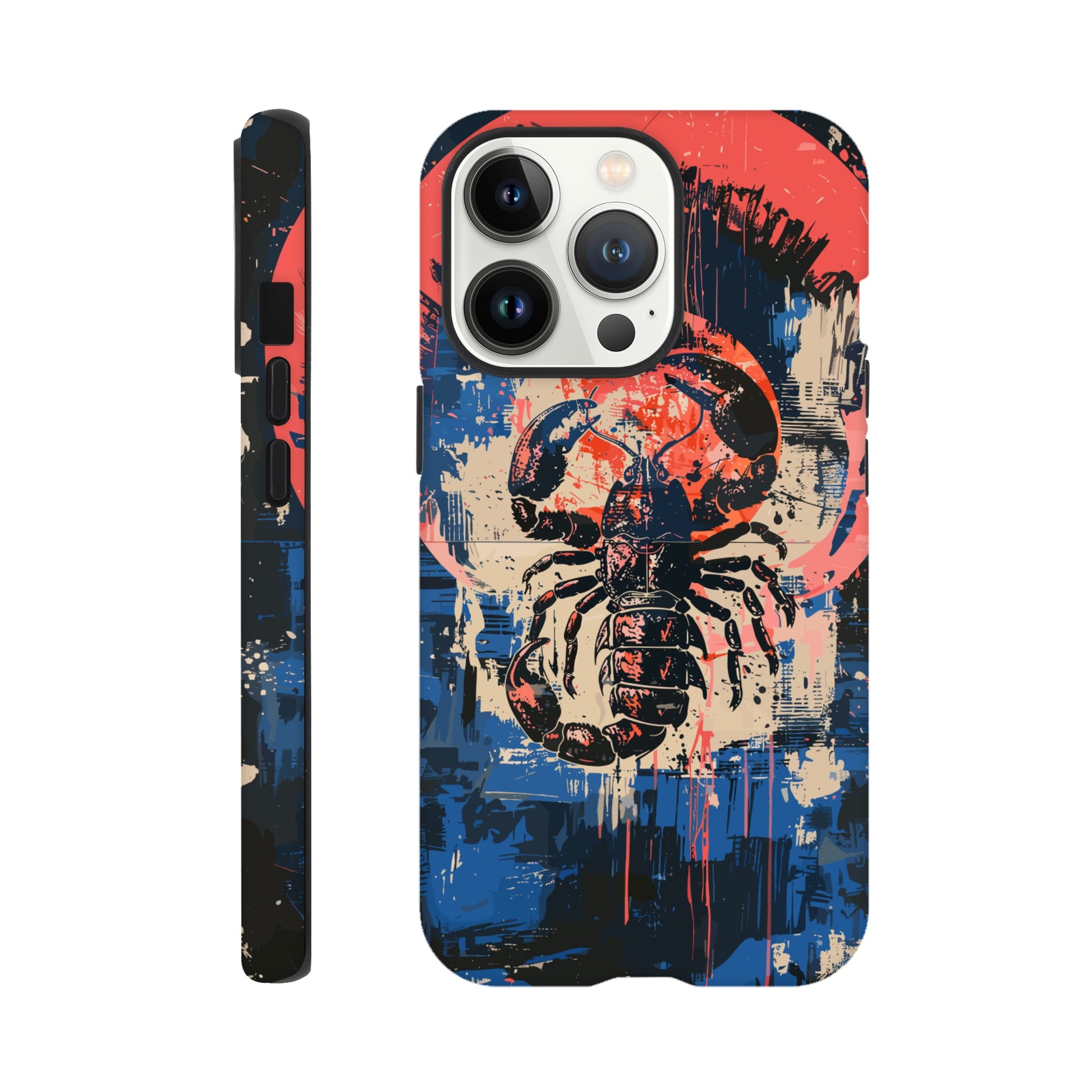 An Apple iPhone 13 Pro Phone Case with the following design on it : A painting of a Scorpio with red accents, the Scorpio is the symbol for the astrological sign Scorpio, the Scorpio is positioned in the center against abstract blue and white brushstrokes, within a pink circle. The artwork has a splattered, chaotic background.