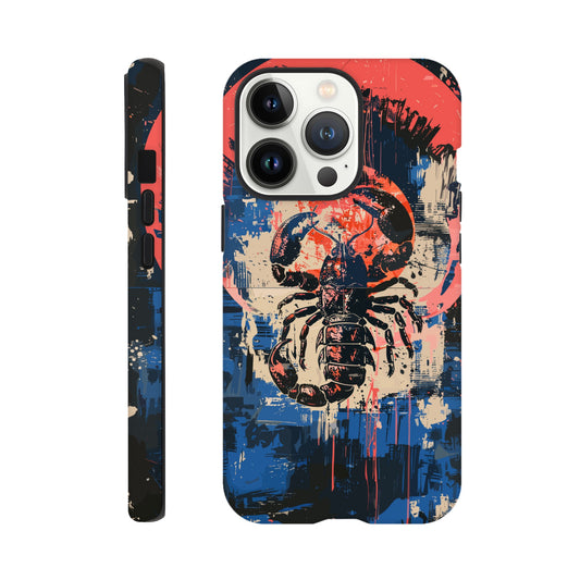 An Apple iPhone 13 Pro Phone Case with the following design on it : A painting of a Scorpio with red accents, the Scorpio is the symbol for the astrological sign Scorpio, the Scorpio is positioned in the center against abstract blue and white brushstrokes, within a pink circle. The artwork has a splattered, chaotic background.