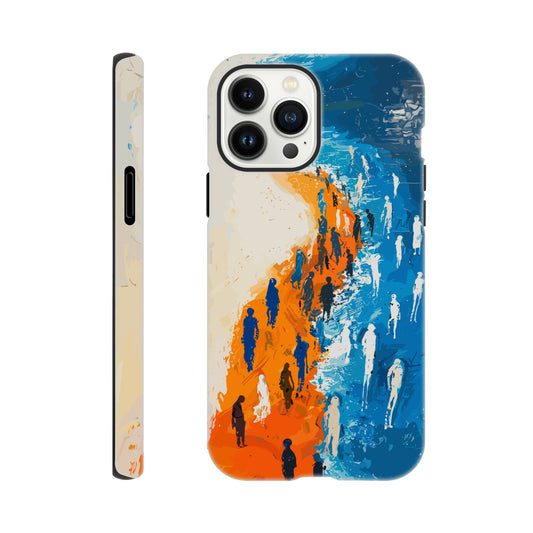 An iPhone 13 Pro Max Phone Case with the following design on it - the Sahara desert pouring into a beautiful ocean while a large group of non distinct human forms wade through the shallows as well as walk along the new shore, blue, orange, white, style of fauvism
