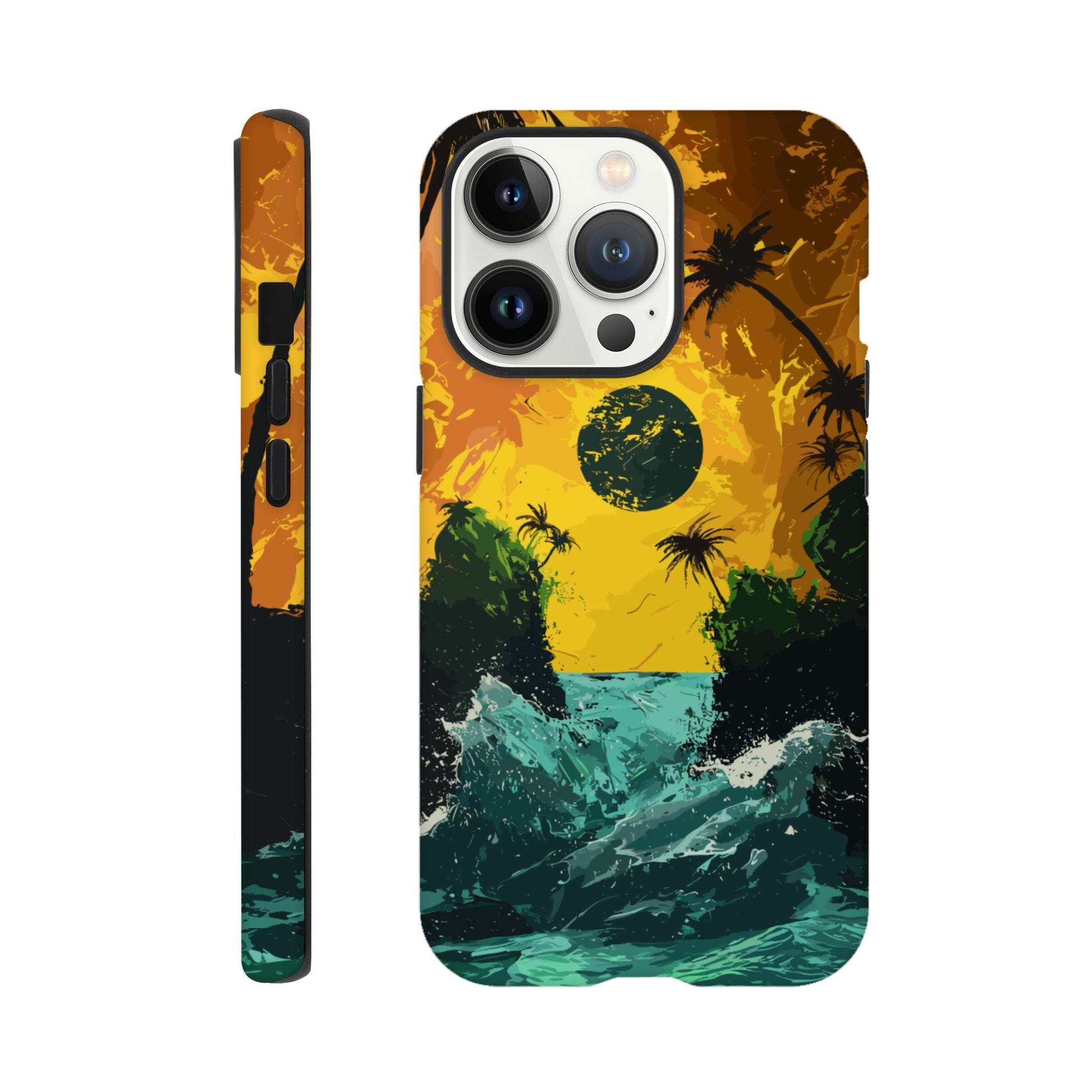 An Apple iPhone 13 Pro Phone Case with the following design on it - Two green islands separated by a violent royal green sea: yellow orangish sky: black sun, alien looking palm trees, surrealism