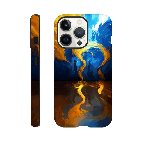 An iPhone 13 Pro Phone Case with the following design on it -An abstract image of flowing thunder/lightning and waves. The colors of blue, orange, and yellow. There are two human forms facing each other in the middle of the image.