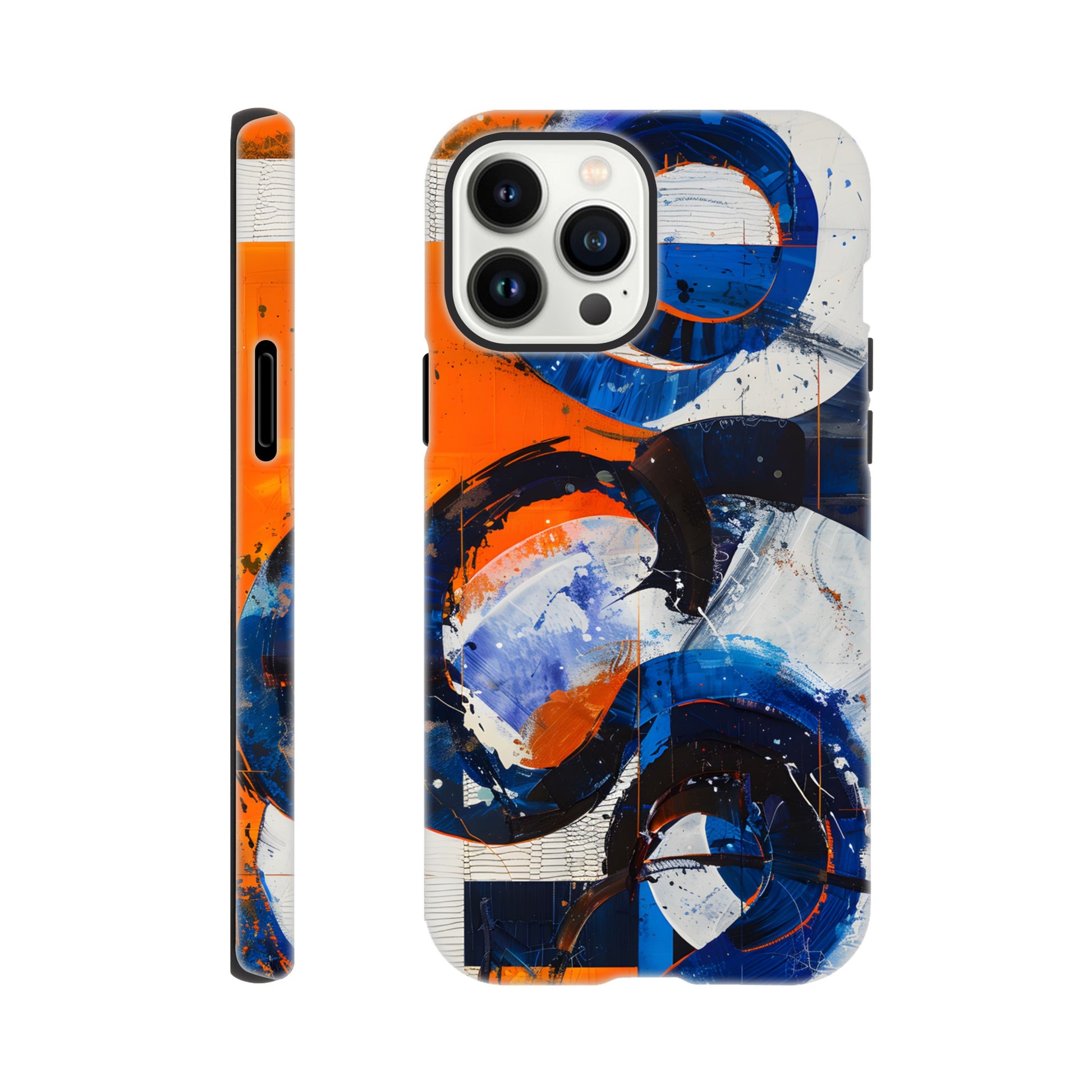 An iPhone 13 Pro Max Phone Case with the following design on it - An abstract painting of circles and squares in orange, blue and white, with an overall sense of movement and vitality. The background is collage-like, with elements such as textures, lines, stripes, scribbles and splashes of paint, along with irregular shapes