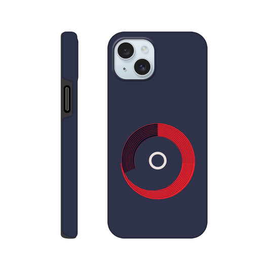 An Apple iPhone 15 Plus Phone Case with the following design on it: a red circle with black curved lines in the circle that make it look like bleachers from above on a navy blue background, there is a white letter circle in the center, a sleek and modern appearance, subtle gradients for depth effect