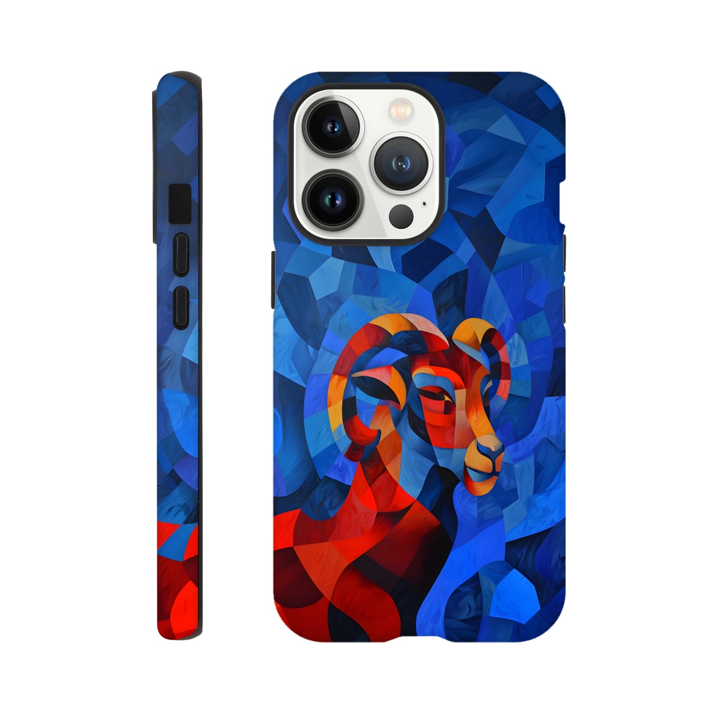 An Apple iPhone 13 Pro Phone Case with a design of an Aries astrological sign- a Ram, in the style of cubism, blue, red,