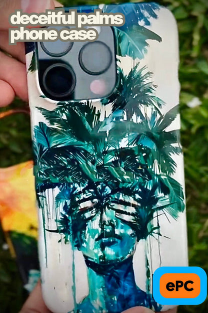 Deceitful Palms phone case featuring a surreal teal portrait partially concealed by lush tropical palm leaves, blending botanical imagery with abstract expression to symbolize hidden truths, perception, and mystery.