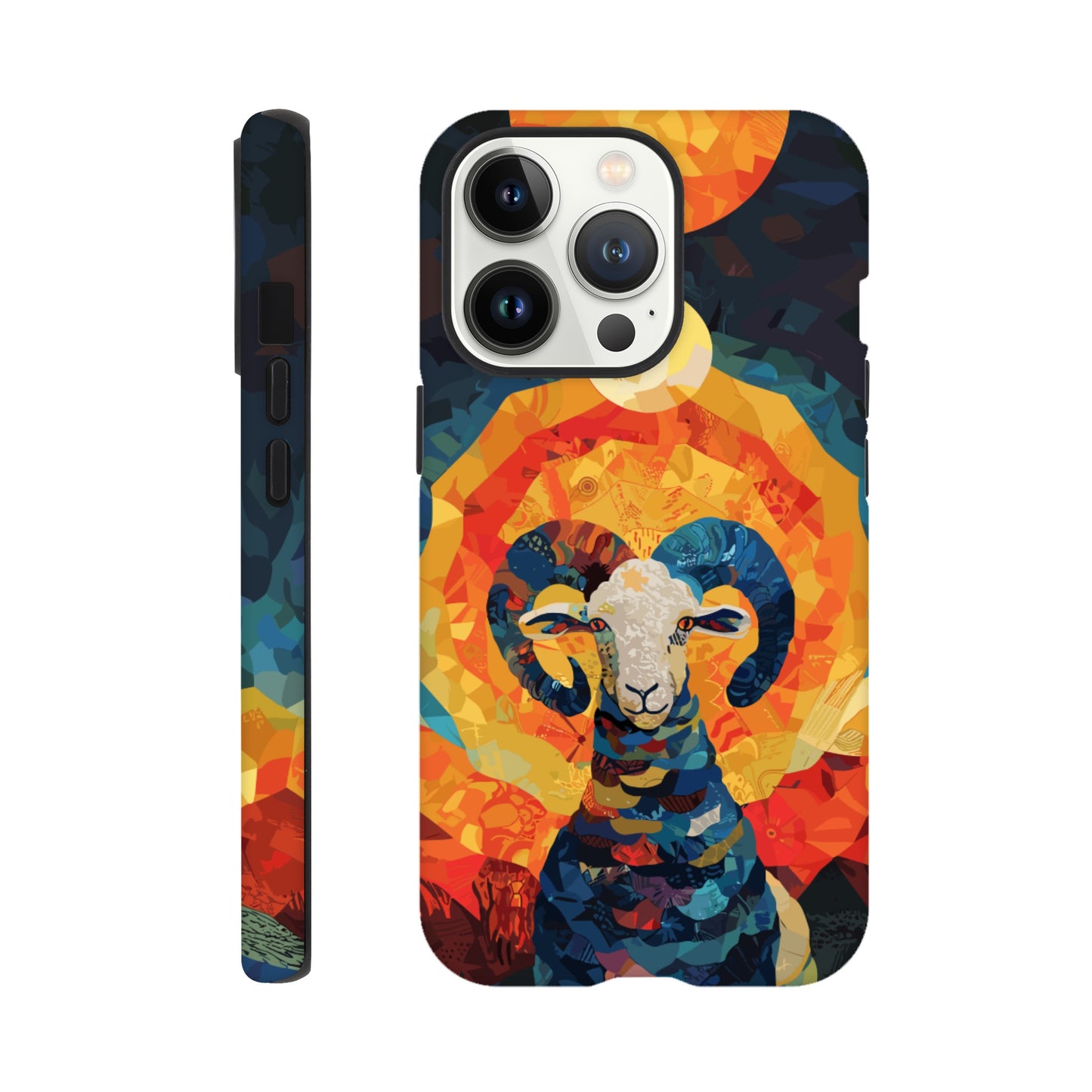 An Apple iPhone 13 Pro Phone Case with the following design on it - A Ram is facing towards you. There is a large Sun above the Ram even though it appears to be nighttime and a small moon as well, the style is art nouveau with very vibrant primary colors.