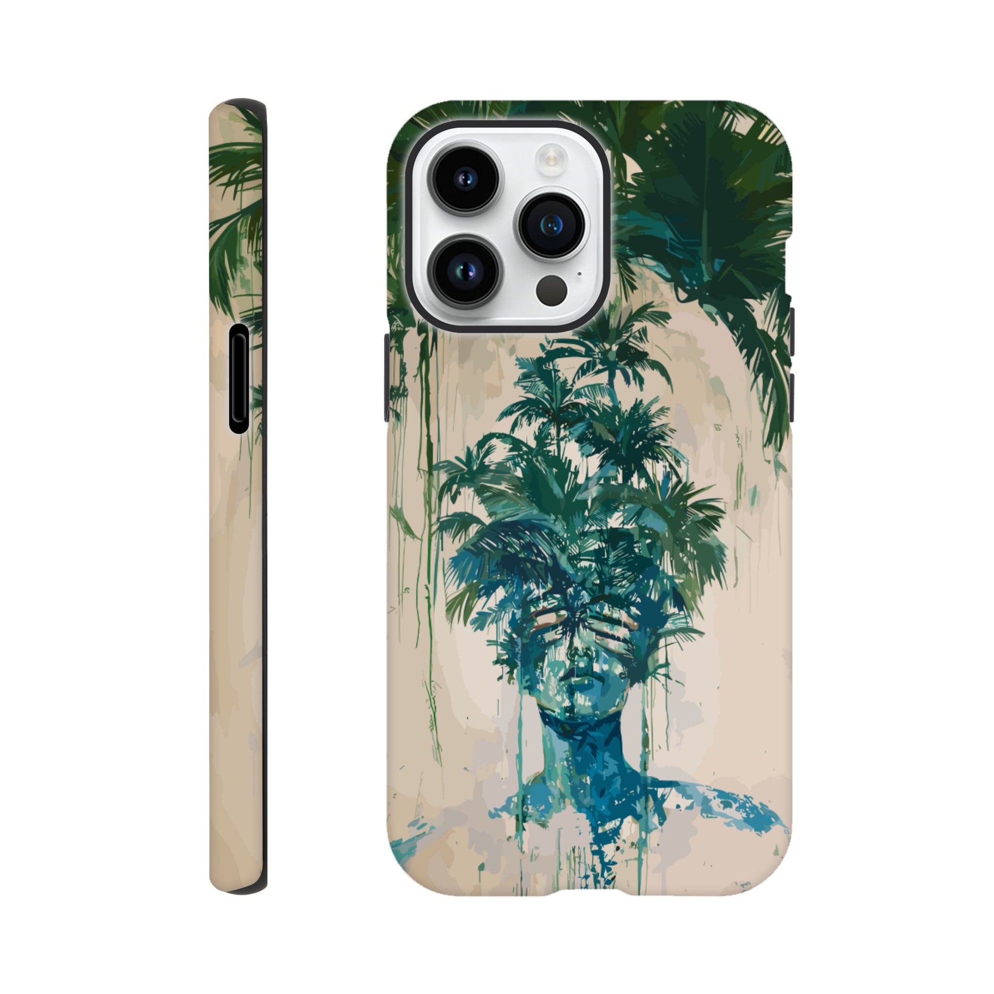 An Apple iPhone 14 Pro Max phone case with the following design on it -the soulless look on the face of either a female or male human form that is self possessed and obscured by a dozen palm trees, green, blue, white, surrealism meets fauvism