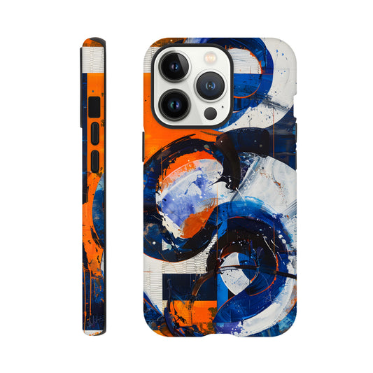 An iPhone 13 Pro Phone Case with the following design on it - An abstract painting of circles and squares in orange, blue and white, with an overall sense of movement and vitality. The background is collage-like, with elements such as textures, lines, stripes, scribbles and splashes of paint, along with irregular shapes