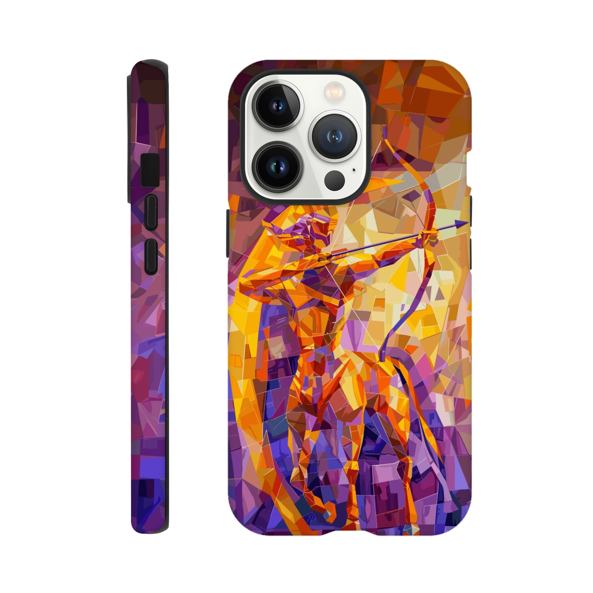 An Apple iPhone 13 Pro Phone Case with the following design on it: A centaur- the half man half horse archer and symbol of the astrological sign Sagittarius, the character is imagined through an artist who is adept at the artistic style of cubism, orange, purple, yellow