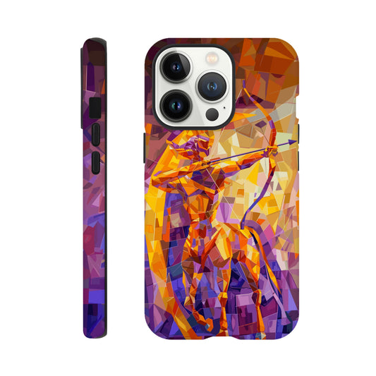 An Apple iPhone 13 Pro Phone Case with the following design on it: A centaur- the half man half horse archer and symbol of the astrological sign Sagittarius, the character is imagined through an artist who is adept at the artistic style of cubism, orange, purple, yellow