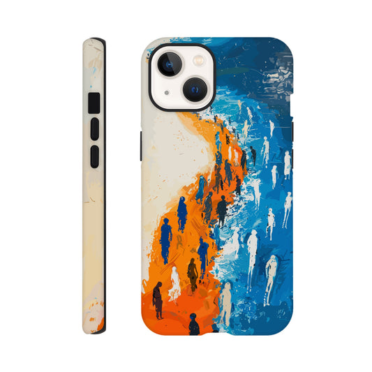 An iPhone 13 Phone Case with the following design on it - the Sahara desert pouring into a beautiful ocean while a large group of non distinct human forms wade through the shallows as well as walk along the new shore, blue, orange, white, style of fauvism