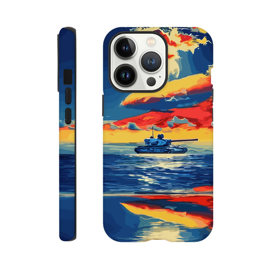 An Apple iPhone 13 Pro Phone Case with the following design on it : A tank is sailing on the sea, with colorful clouds in the sky and a sunset reflection on the water surface, the style of an oil painting. The main colors of red, blue, yellow and orange are presented in a flat illustration