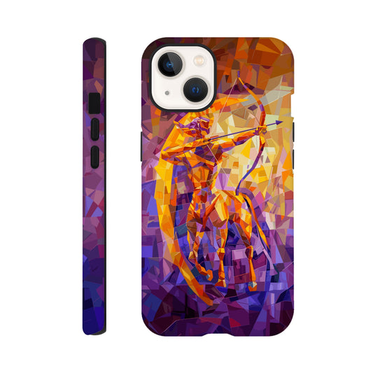 An Apple iPhone 13 Phone Case with the following design on it: A centaur- the half man half horse archer and symbol of the astrological sign Sagittarius, the character is imagined through an artist who is adept at the artistic style of cubism, orange, purple, yellow