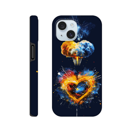 An Apple iPhone 15 Phone Case with the following design on it - heart shaped milky way galaxy with a nuclear mushroom cloud emanating from the heart, pop art, royal blue, yellow, white, silver, black, orange