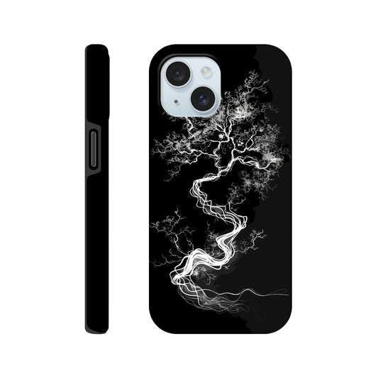 An Apple iPhone 15 Phone Case with the following design on it - a sketch of a white fractal tree against a black background
