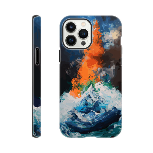 An Apple iPhone 13 Pro Max Phone Case with the following design on it - the Mariana Trench engulfing Mount Everest, cartoonish surrealism, blue, white, green, orange, black