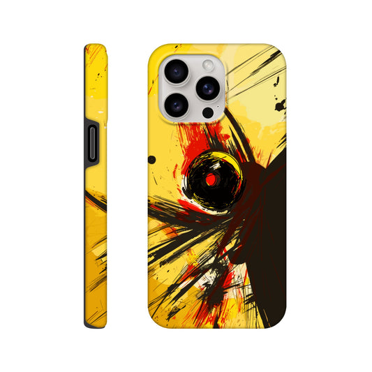 An Apple iPhone 15 Pro Max Phone Case with the following design on it : Abstract drawing of a humanoid insect hybrid figure,  red and black colors. In the style of comic brush strokes that creates a kind of frenetic energy with a light yellow background.