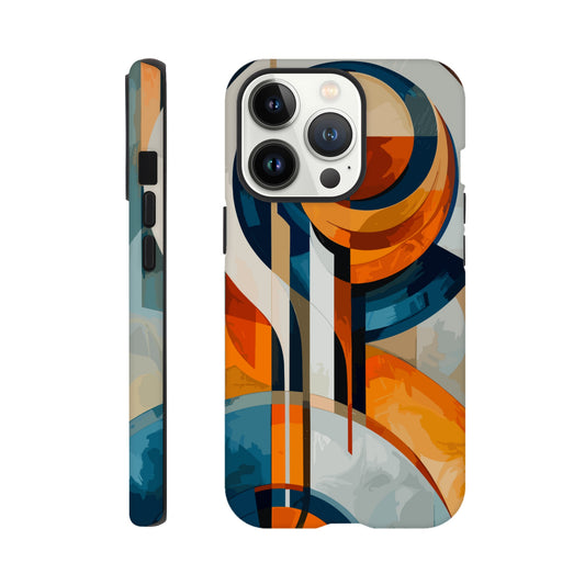 An Apple iPhone 13 Pro Phone Case with the following design on it: An abstract painting of an orange, blue and white circular design with lines in the style of cubism. The shapes create visual harmony by creating balance between soft curves and sharp angles. It uses flat color to give depth through gradients. There is an emphasis on the use of light and shadow. In some places there's an airbrush effect