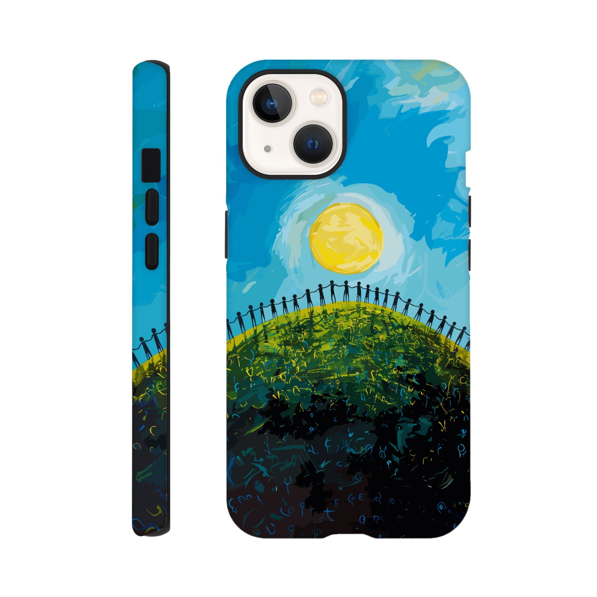 An Apple iPhone 13  Phone Case with the image of a bright blue sky, large yellow sun, and a dark silhouette of people holding hands in a circle on a green hill