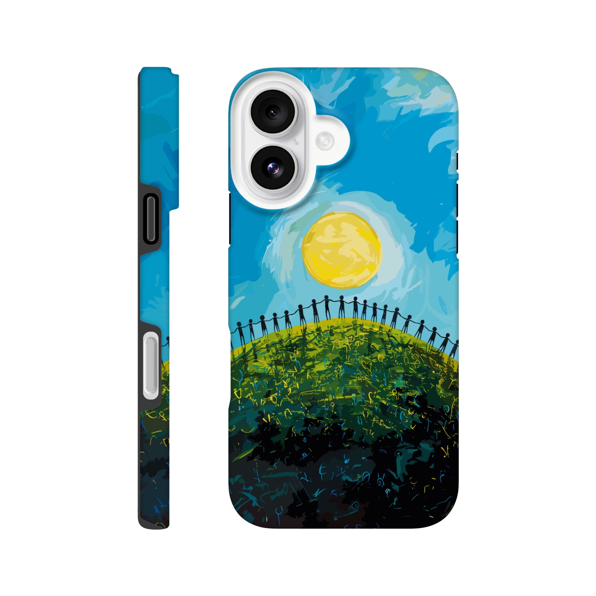 iphone 16 Phone Case with the image of a bright blue sky, large yellow sun, and a dark silhouette of people holding hands in a circle on a green hill