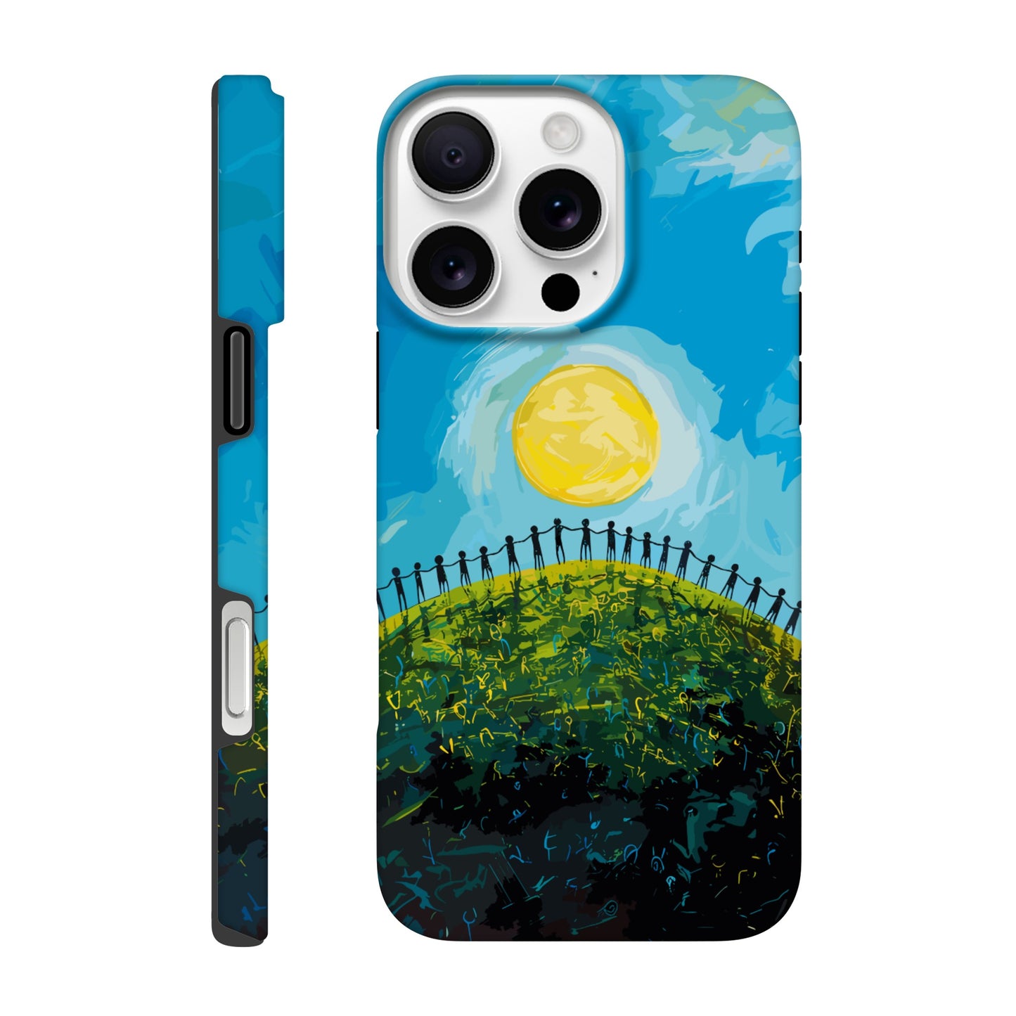 iPhone 16 Pro Max Phone Case with the image of a bright blue sky, large yellow sun, and a dark silhouette of people holding hands in a circle on a green hill