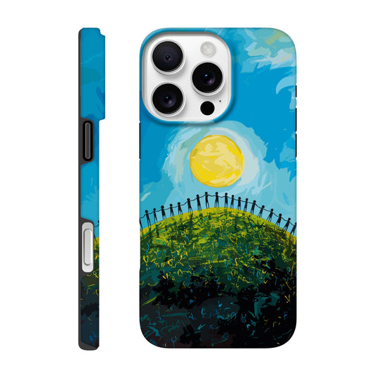 iPhone 16 Pro Max Phone Case with the image of a bright blue sky, large yellow sun, and a dark silhouette of people holding hands in a circle on a green hill