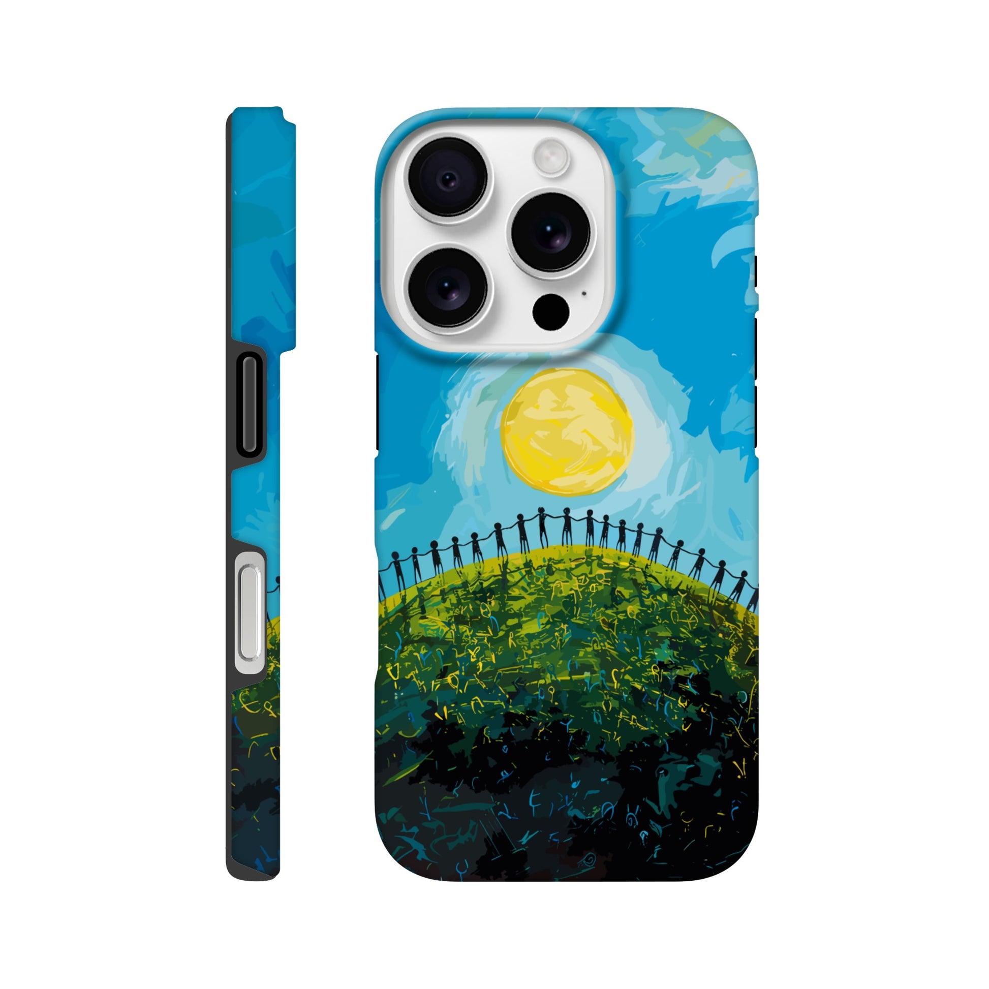 iPhone 16 Pro Phone Case with the image of a bright blue sky, large yellow sun, and a dark silhouette of people holding hands in a circle on a green hill