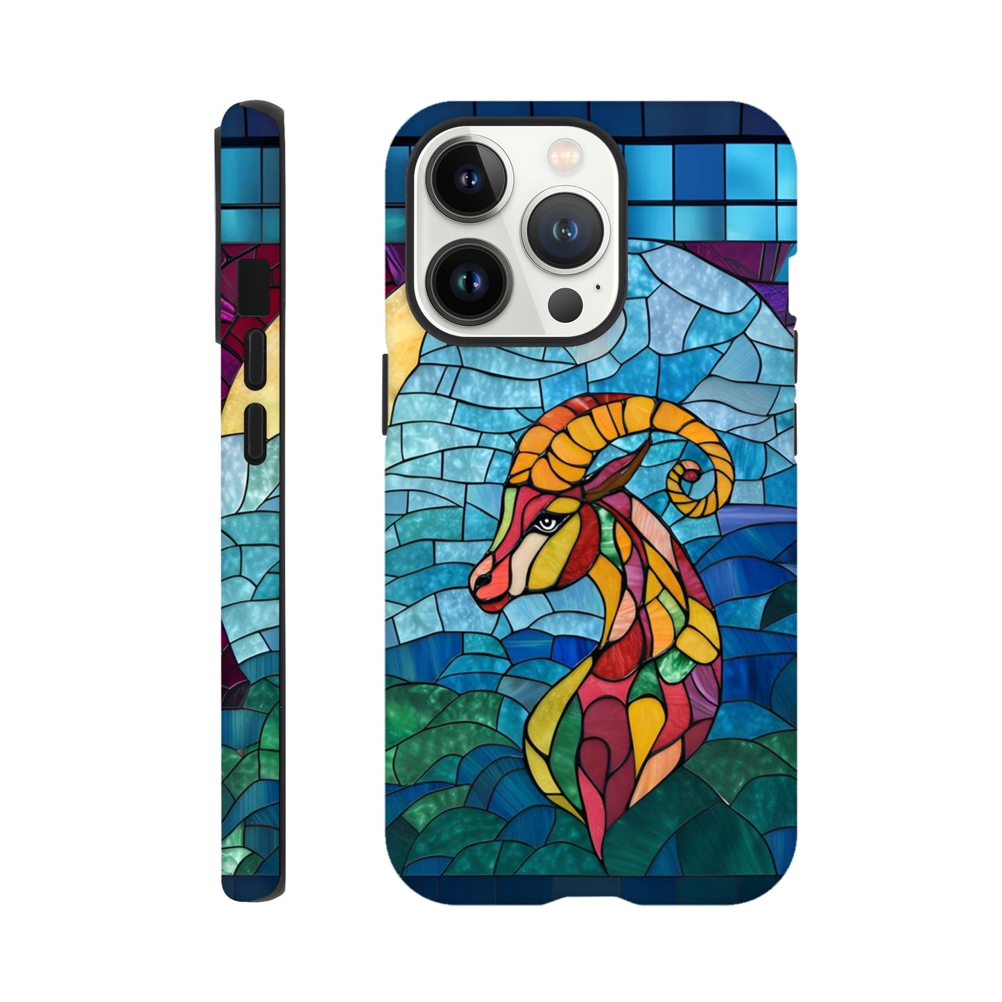 iPhone case featuring a vibrant stained-glass mosaic art illustration of a Capricorn sea-goat. The design shows the goat's head and upper body in segmented colors of red, orange, yellow, and green, against a background of blues and greens resembling water and sky, with dark separating lines.