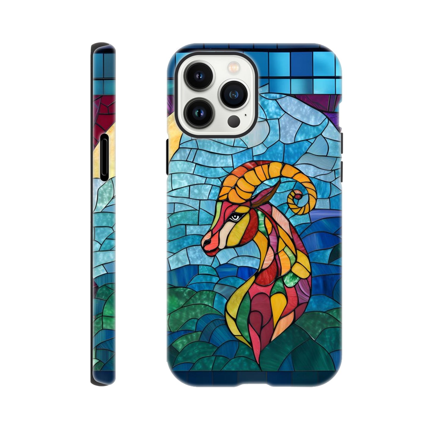 iPhone case featuring a vibrant stained-glass mosaic art illustration of a Capricorn sea-goat. The design shows the goat's head and upper body in segmented colors of red, orange, yellow, and green, against a background of blues and greens resembling water and sky, with dark separating lines.