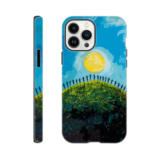 An Apple iPhone 13 Pro Max Phone Case with the image of a bright blue sky, large yellow sun, and a dark silhouette of people holding hands in a circle on a green hill