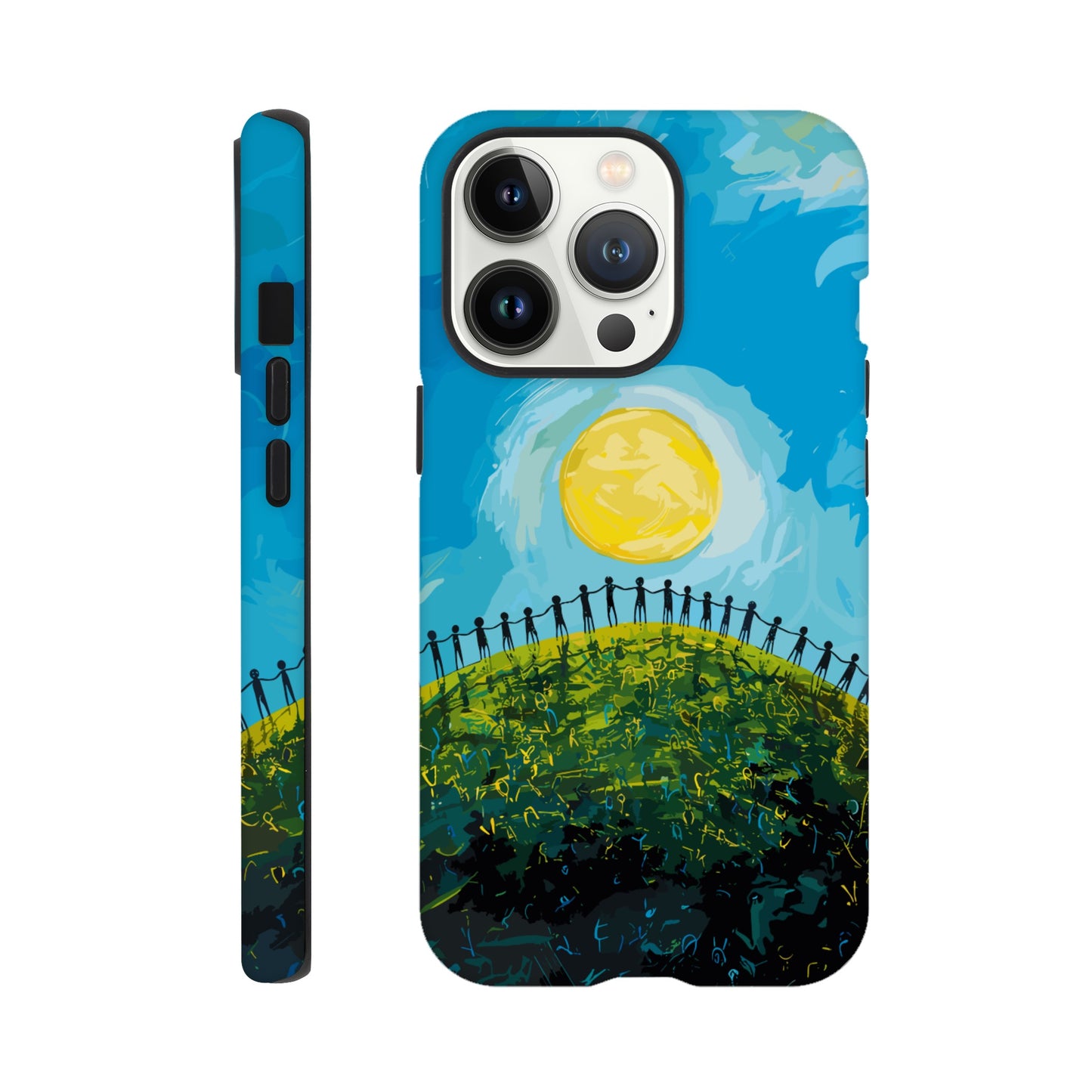 An Apple iPhone 13 Pro Phone Case with the image of a bright blue sky, large yellow sun, and a dark silhouette of people holding hands in a circle on a green hill