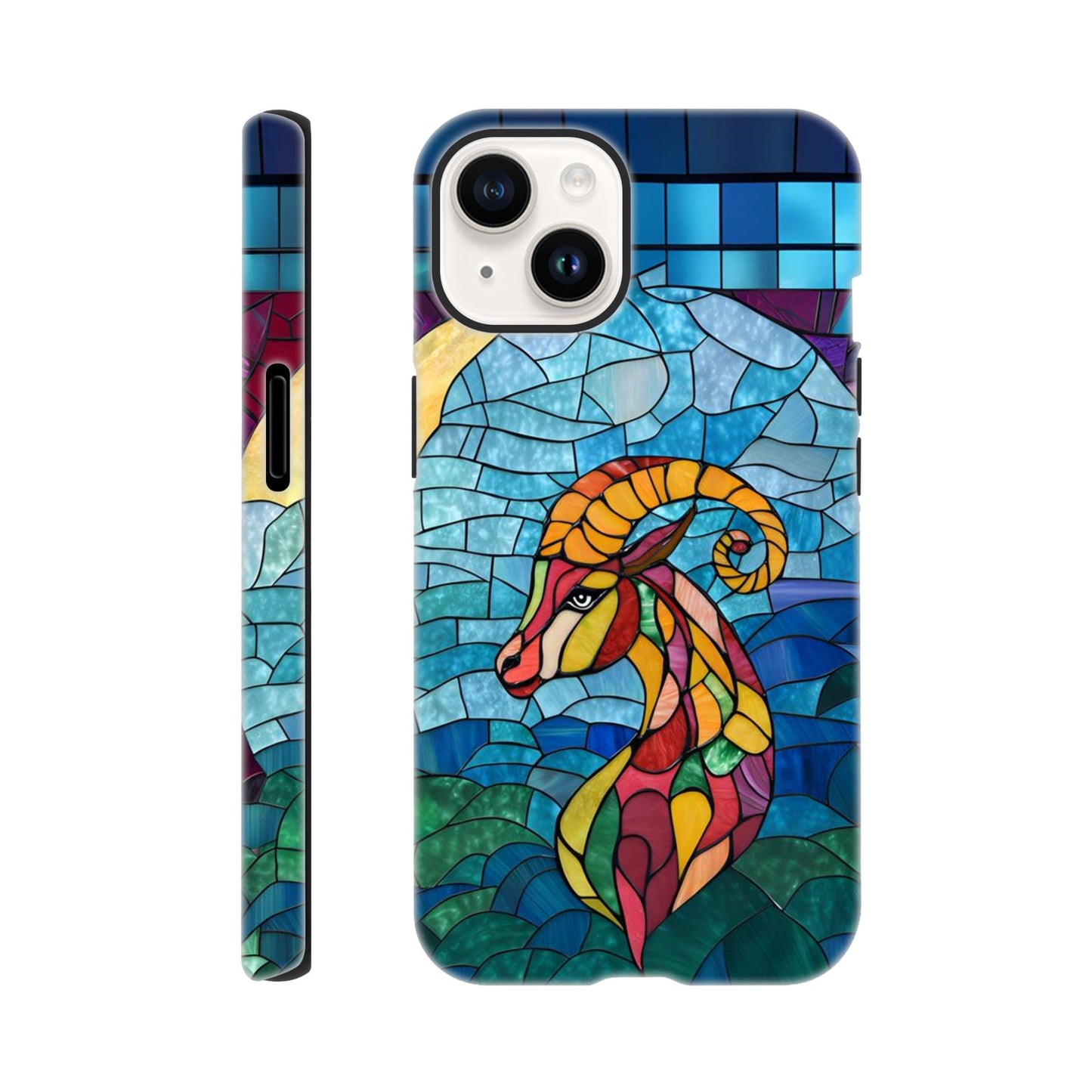 iPhone case featuring a vibrant stained-glass mosaic art illustration of a Capricorn sea-goat. The design shows the goat's head and upper body in segmented colors of red, orange, yellow, and green, against a background of blues and greens resembling water and sky, with dark separating lines.