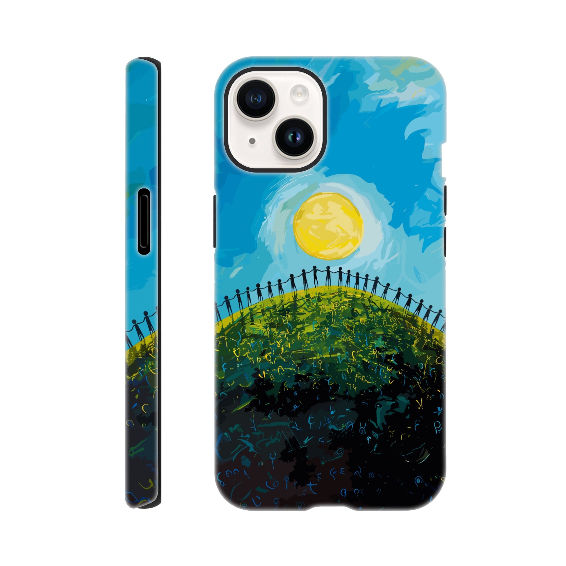 An Apple iPhone 14 Phone Case with the image of a bright blue sky, large yellow sun, and a dark silhouette of people holding hands in a circle on a green hill