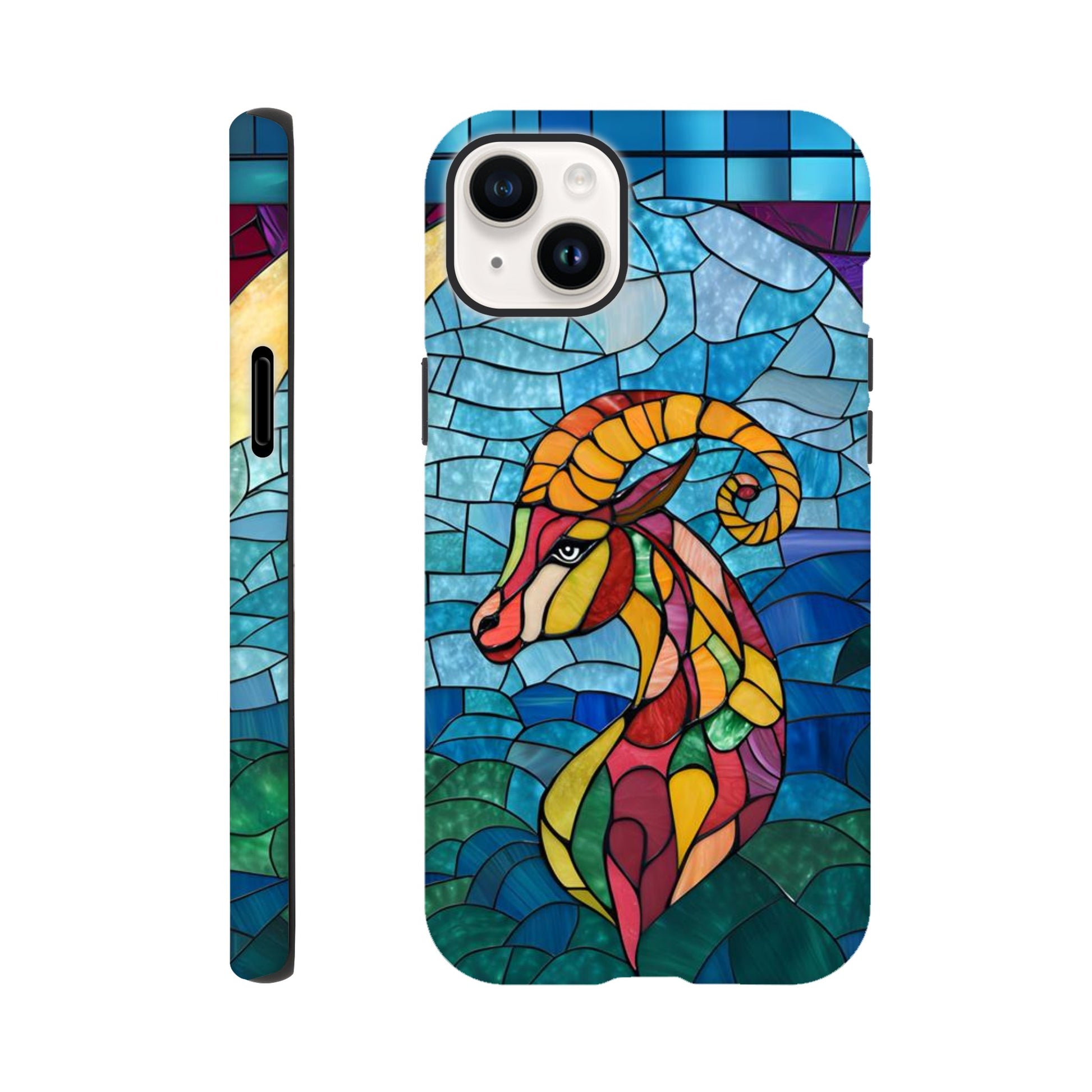 iPhone case featuring a vibrant stained-glass mosaic art illustration of a Capricorn sea-goat. The design shows the goat's head and upper body in segmented colors of red, orange, yellow, and green, against a background of blues and greens resembling water and sky, with dark separating lines.