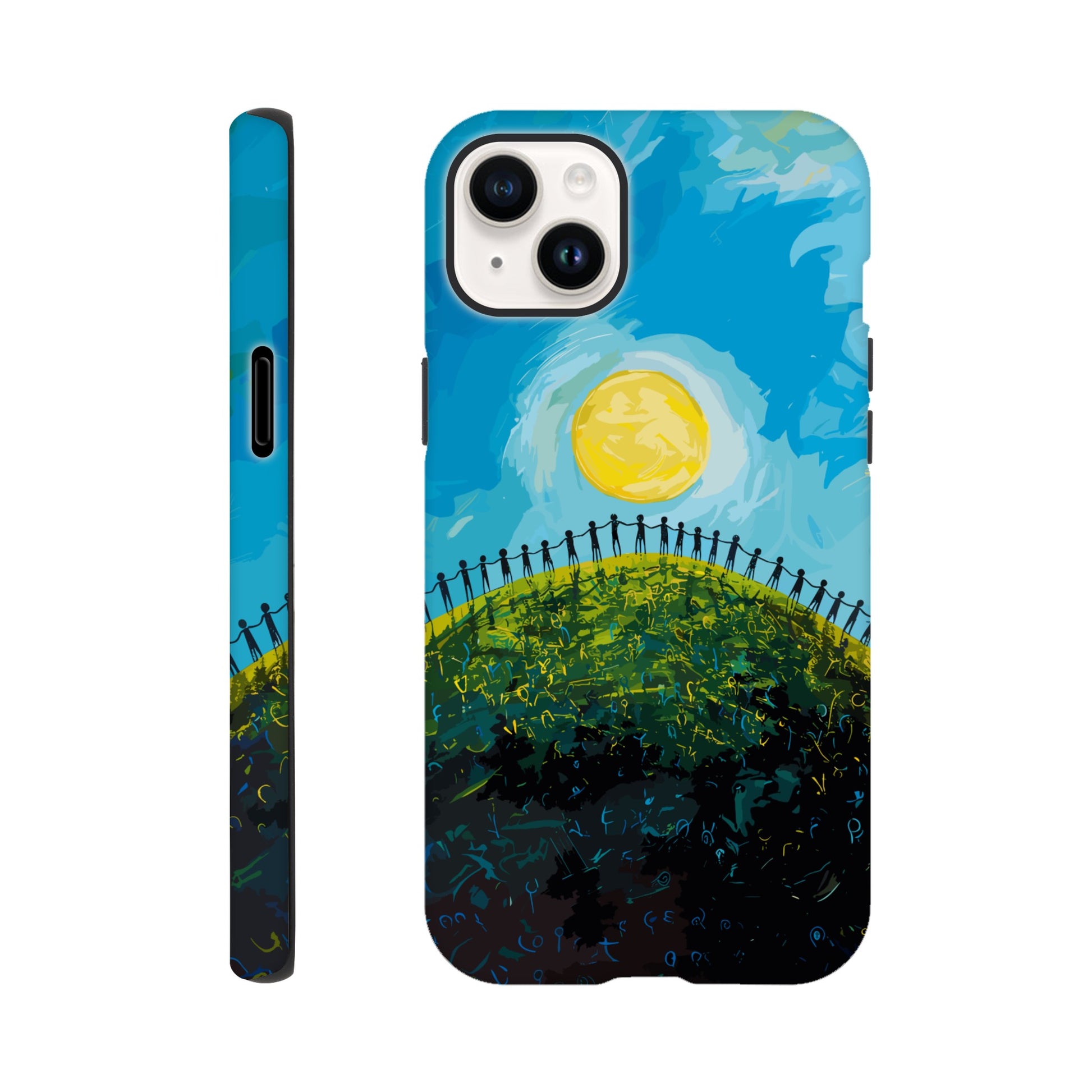 An Apple iPhone 14 Plus Phone Case with the image of a bright blue sky, large yellow sun, and a dark silhouette of people holding hands in a circle on a green hill