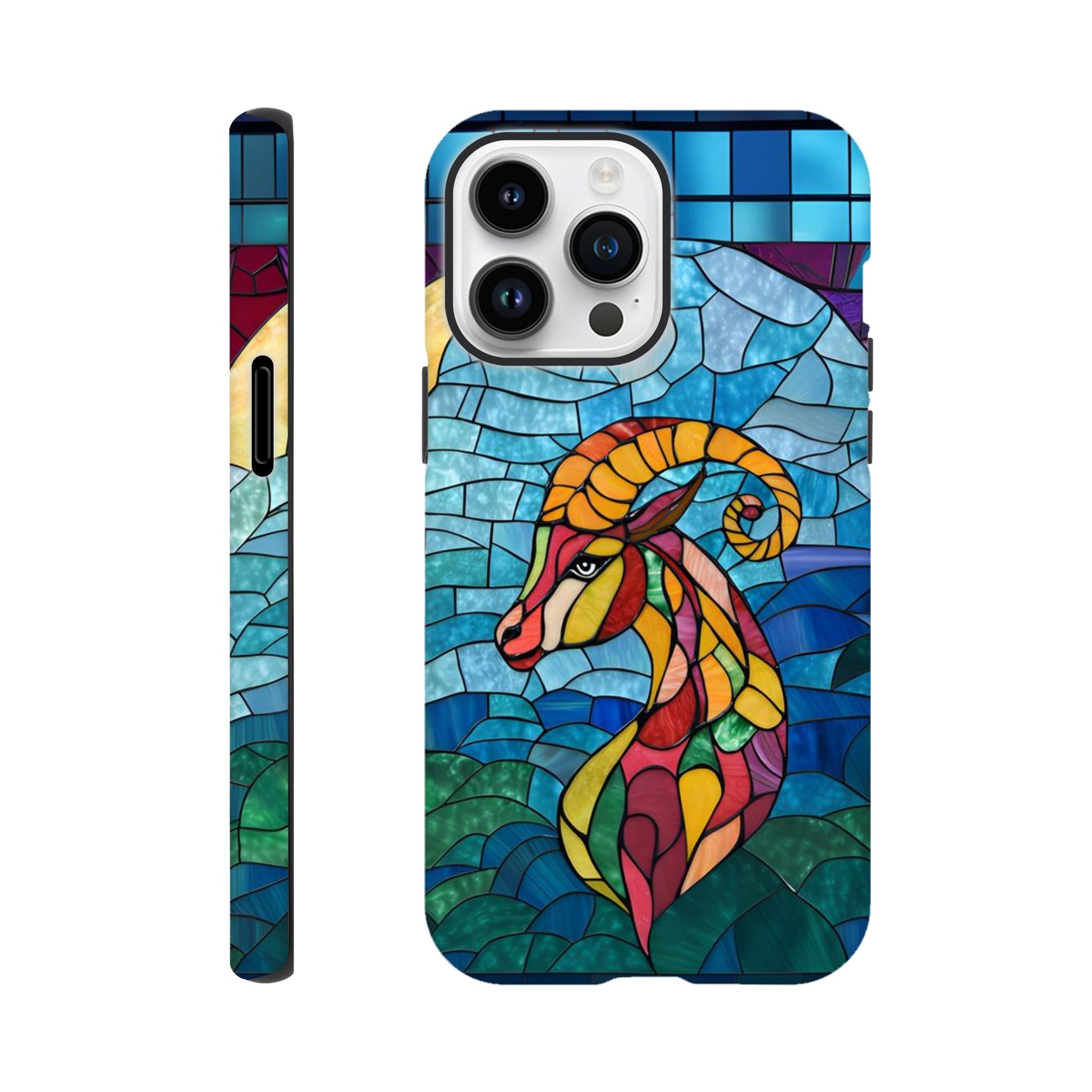 iPhone case featuring a vibrant stained-glass mosaic art illustration of a Capricorn sea-goat. The design shows the goat's head and upper body in segmented colors of red, orange, yellow, and green, against a background of blues and greens resembling water and sky, with dark separating lines.