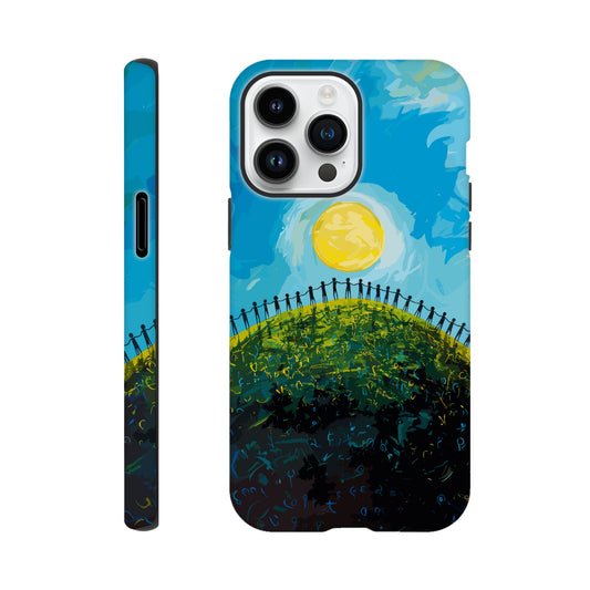 An Apple iPhone 14 Pro Max Phone Case with the image of a bright blue sky, large yellow sun, and a dark silhouette of people holding hands in a circle on a green hill