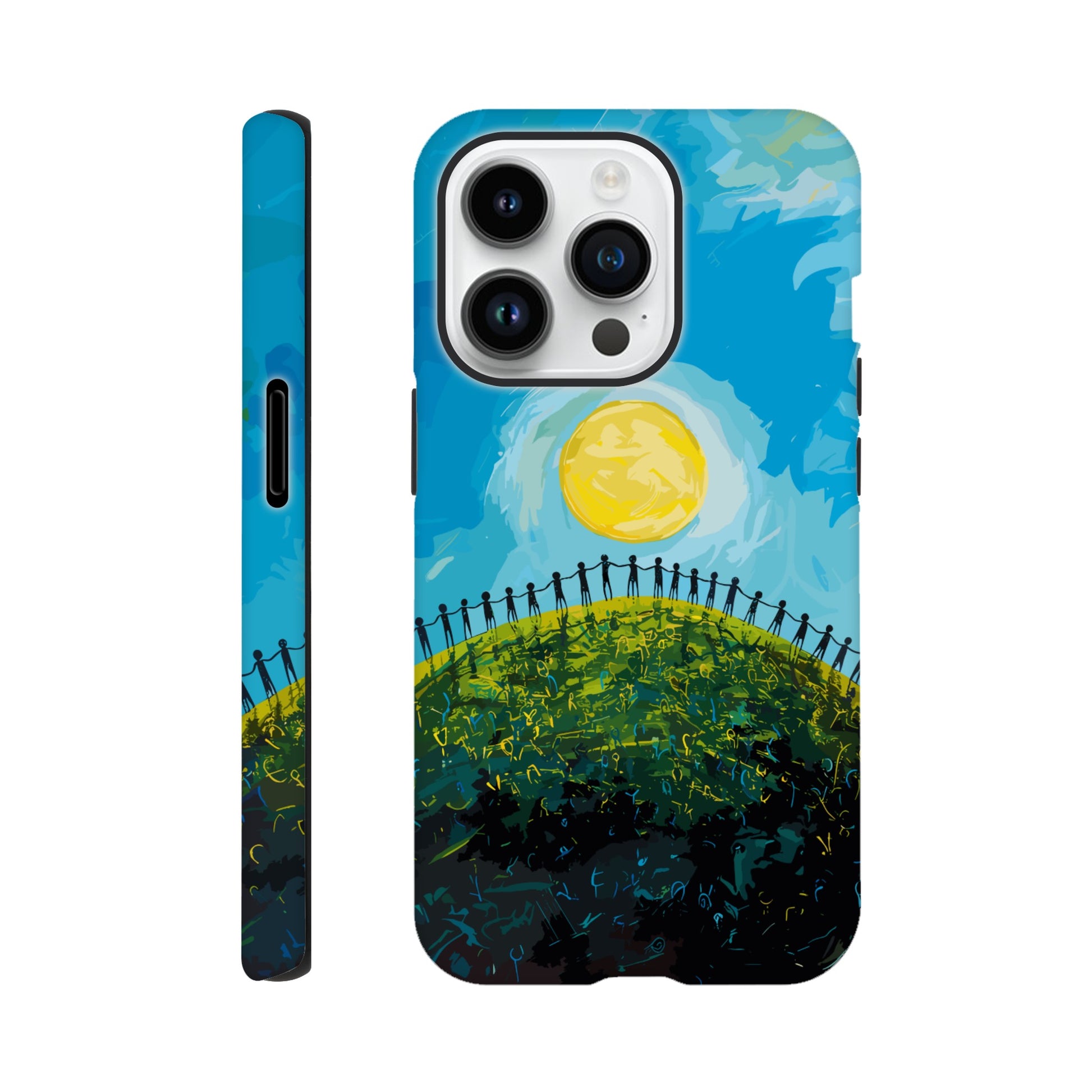 An Apple iPhone 14 Pro Phone Case with the image of a bright blue sky, large yellow sun, and a dark silhouette of people holding hands in a circle on a green hill