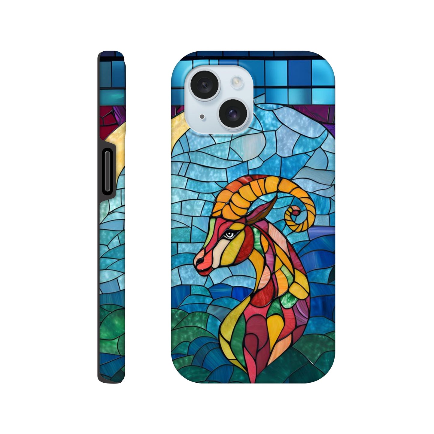 iPhone case featuring a vibrant stained-glass mosaic art illustration of a Capricorn sea-goat. The design shows the goat's head and upper body in segmented colors of red, orange, yellow, and green, against a background of blues and greens resembling water and sky, with dark separating lines.