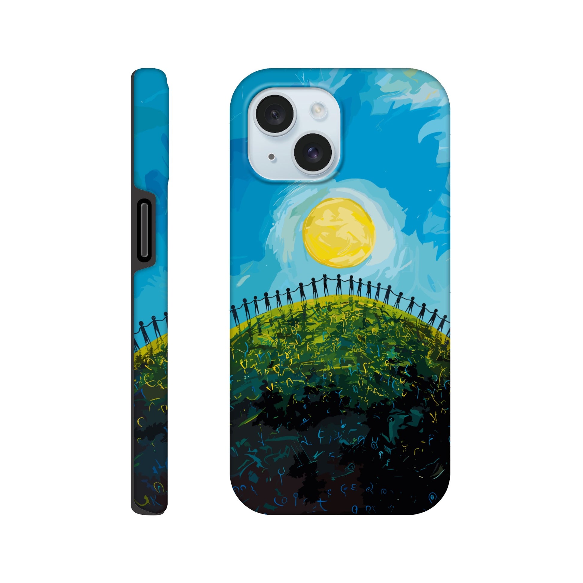 An Apple iPhone 15 Phone Case with the image of a bright blue sky, large yellow sun, and a dark silhouette of people holding hands in a circle on a green hill