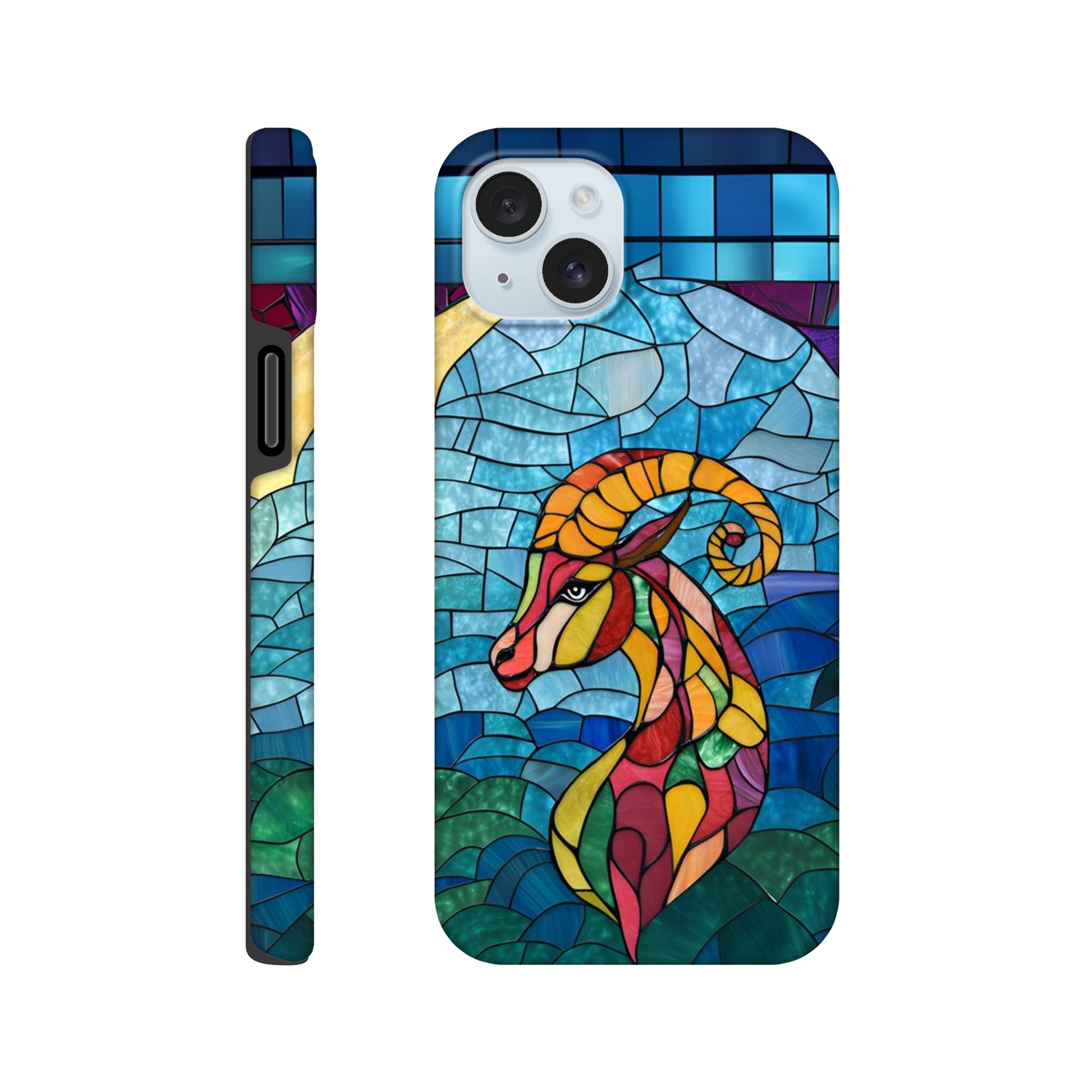 iPhone case featuring a vibrant stained-glass mosaic art illustration of a Capricorn sea-goat. The design shows the goat's head and upper body in segmented colors of red, orange, yellow, and green, against a background of blues and greens resembling water and sky, with dark separating lines.