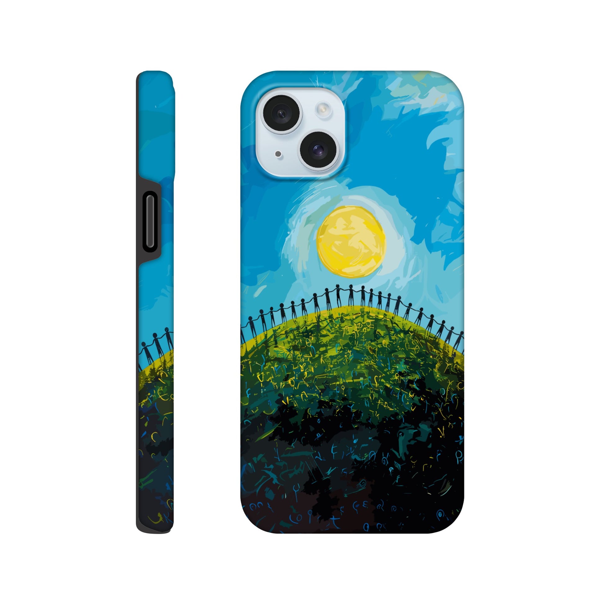 An Apple iPhone 15 Plus Phone Case with the image of a bright blue sky, large yellow sun, and a dark silhouette of people holding hands in a circle on a green hill