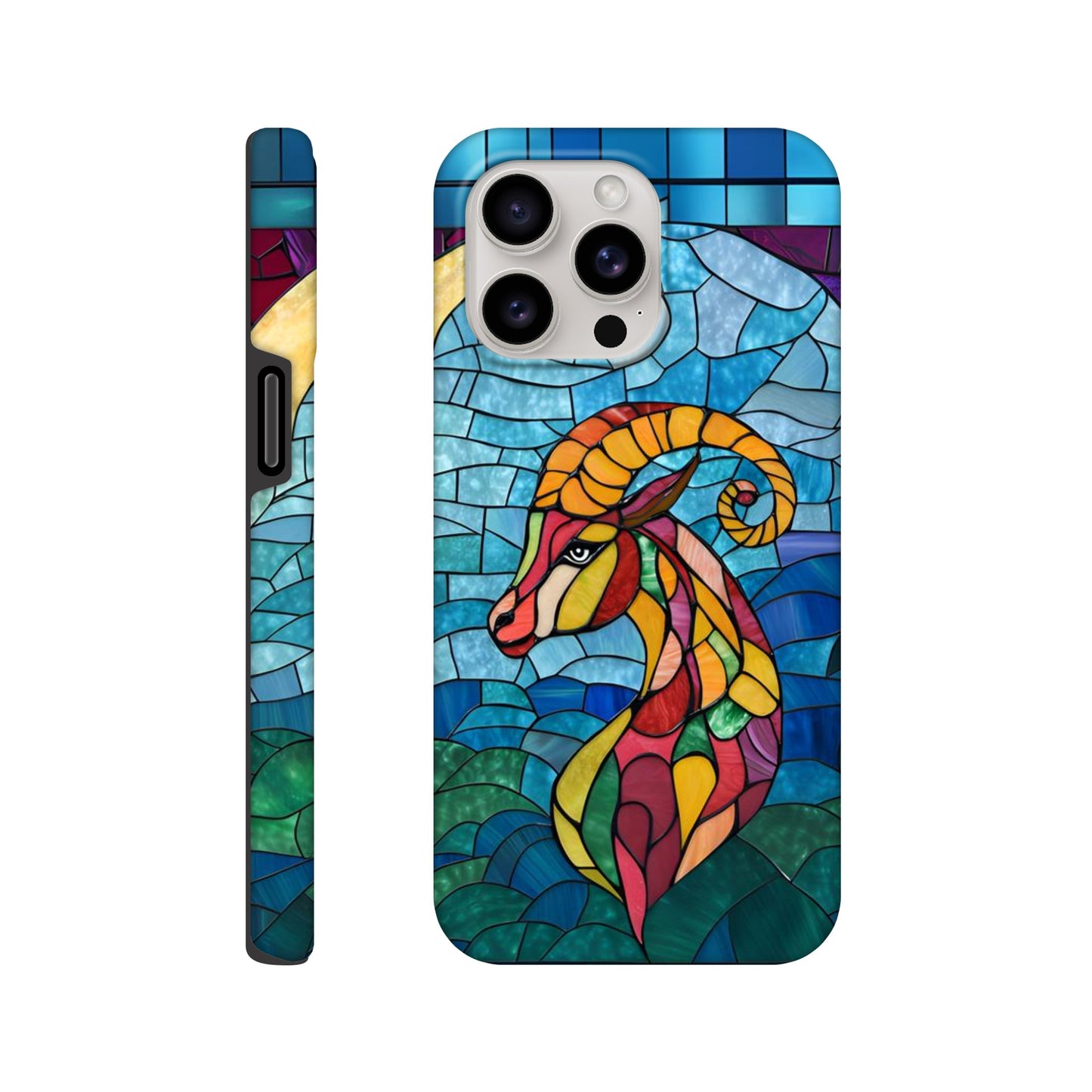 iPhone case featuring a vibrant stained-glass mosaic art illustration of a Capricorn sea-goat. The design shows the goat's head and upper body in segmented colors of red, orange, yellow, and green, against a background of blues and greens resembling water and sky, with dark separating lines.
