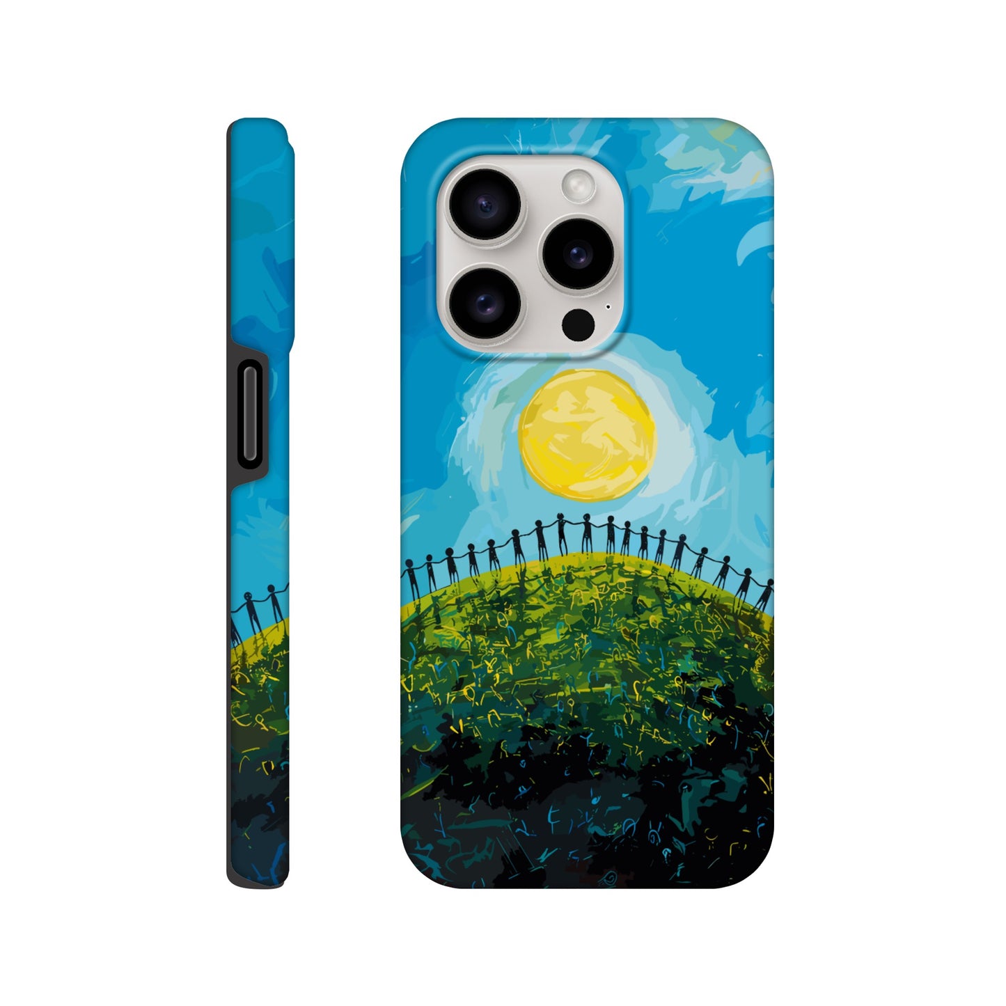 An Apple iPhone 15 Pro Phone Case with the image of a bright blue sky, large yellow sun, and a dark silhouette of people holding hands in a circle on a green hill