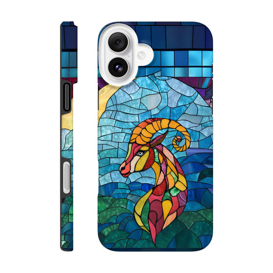 iPhone case featuring a vibrant stained-glass mosaic art illustration of a Capricorn sea-goat. The design shows the goat's head and upper body in segmented colors of red, orange, yellow, and green, against a background of blues and greens resembling water and sky, with dark separating lines.