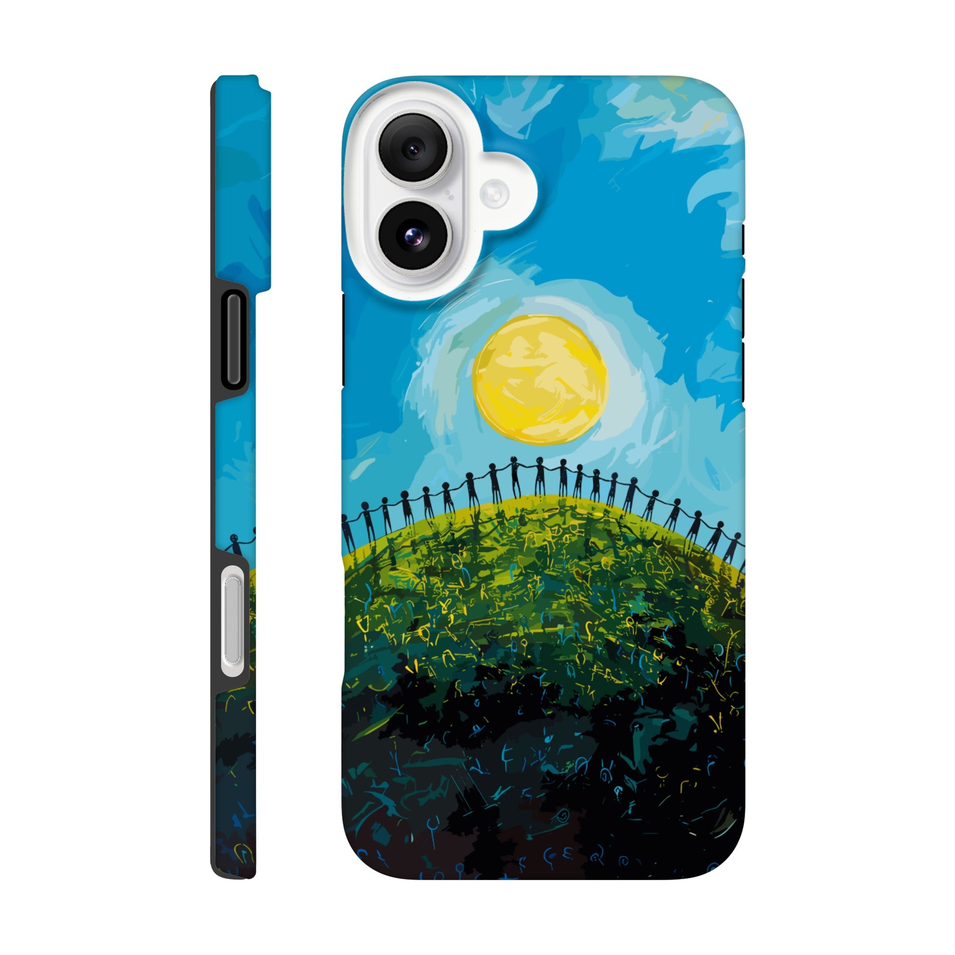 iphone 16 plus Phone Case with the image of a bright blue sky, large yellow sun, and a dark silhouette of people holding hands in a circle on a green hill